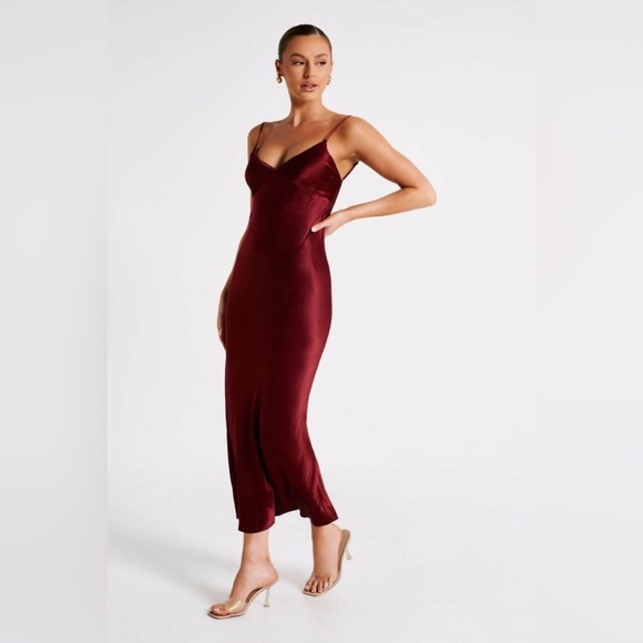Meshki Dresses & Skirts - Meshki Wine Satin Slip Midi Dress with Spaghetti Straps